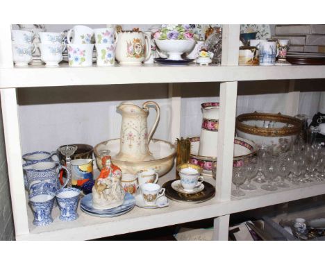 Two toilet jugs and bowls, gilt metal and glass ceiling light, glassware, shell case, etc.