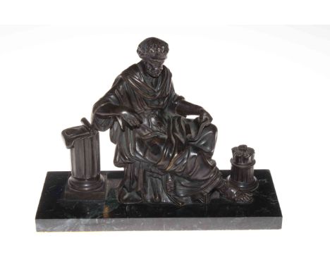 Bronze of a scholar on marble base, 34cm by 25cm by 13cm.