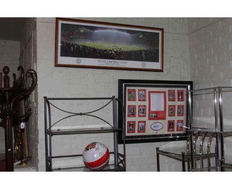 Signed Tommy Docherty Greatest Man Utd XI montage, signed Sunderland football and Celtic print.