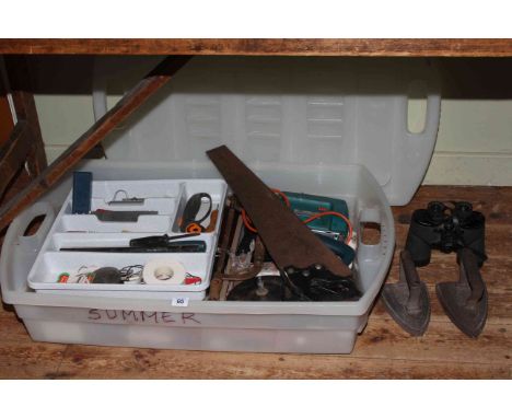 Collection of various tools, flat irons, binoculars, etc.