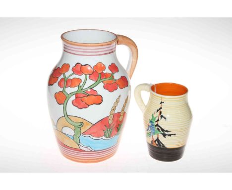 Clarice Cliff Pine Grove pattern jug, circa 1930, 16cm high, and a modern Clarice Cliff jug, 27cm high (2).