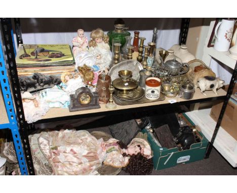 Collection of various dolls, records, brass and metalware, oil lamp, stoneware bottles, horse brasses, etc.