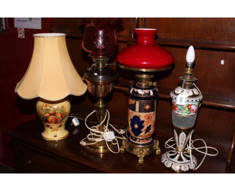 Aynsley Orchard Gold table lamp and three converted to electric oil lamps.