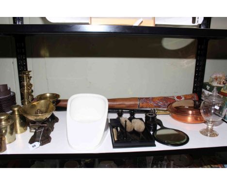 Vintage kitchen scales, brass weights, candlesticks, warming pan, ebony brush set, slipper pan, glass jar and didgeridoo.