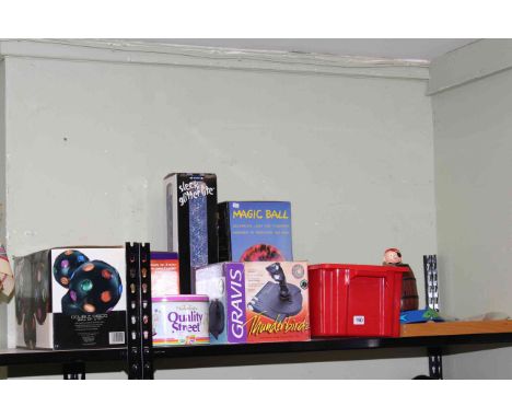 Double disco ball, Glitter Lite, Magic Ball Lite, Gravis Thunderbird 2 and Eliminator joystick, tin of marbles, etc.