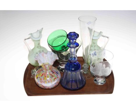 Six pieces of glassware including blue overlay decanter and stopper.