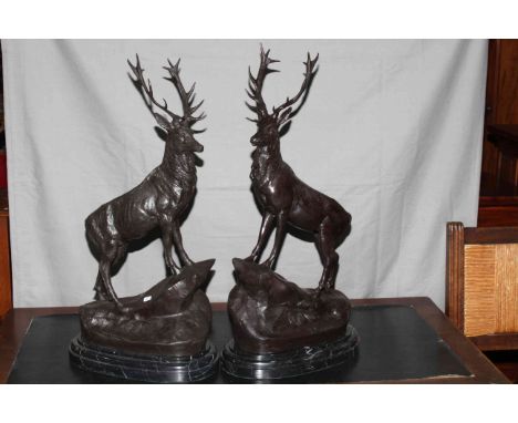 Pair of large impressive bronze stags on rocky outcrops, raised on marble plinths, 75cm high.