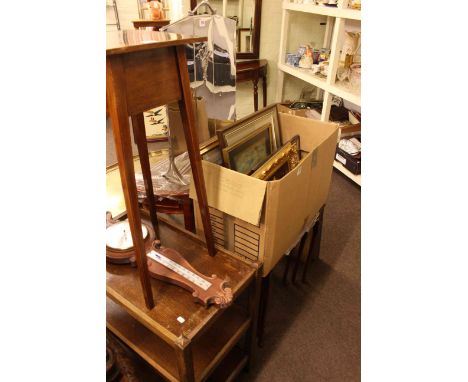 Nest of three tables, oak plant stand, trolley, barometer, Demi Lune hall table, chrome firescreen, mirror and pictures.