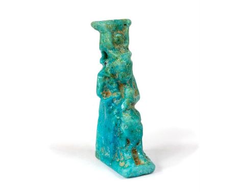 Isis Nursing Horus Amulet, Late Period, 664-332 BC.A faience amulet of the goddess Isis seated on a throne, wearing a tripart