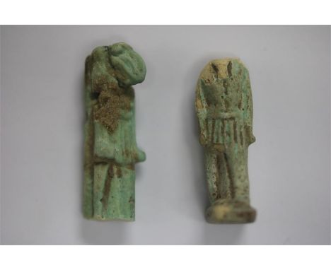Egyptian Amulet Pair, Late Period, 664-332 BC.  A pair of faience amulets consisting of: Thoth with ibis head and wearing a t