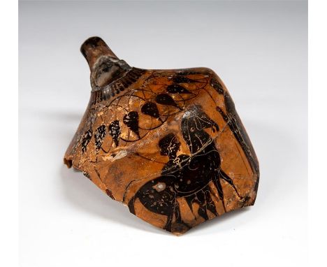 Greek Attic Black Figure Lekythos Fragment, C. 6th Century BC, Ex. Spinks 1945.  A black figure lekythos section with two sta