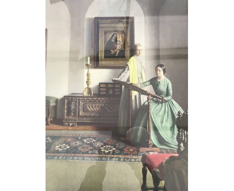 After Leonard Campbell Taylor (1874-1969) Interior with ladies at a tapestry frame, period lithographic print in 1930s gilt f