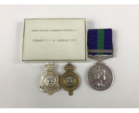 A QEII General Service medal with clasp Arabian Peninsula, to 23504576 Pte M Lindsley, ACC, in issue carton, together with ca