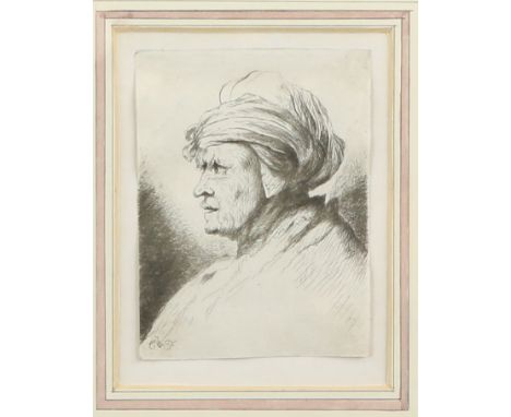 19th century black and white print, portrait study of an elderly man wearing a turban, 10cm x 7cm..           Please see ewba