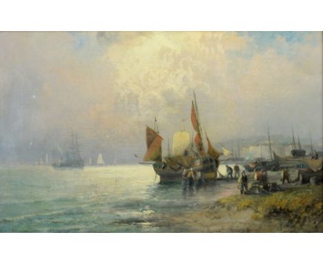 REVISED ESTIMATE William Anslow Thornley (British, 1857-1935), beach scene with figures and boats, signed, oil on canvas, 24.
