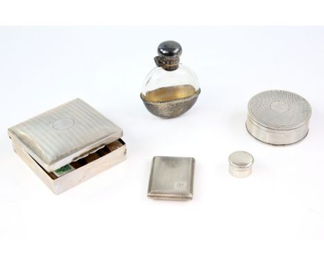 Small group of silver-mounted items including a flask, by Charles Fox &amp; Co Ltd, London 1901, 9 cm high, two engine-turned