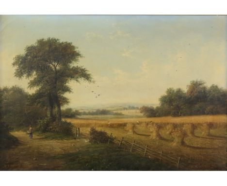 Walter Heath Williams (British, 1835-1906), river scene with figure fishing on the bank and country landscape with fields and