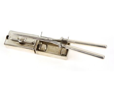 Edward VII set of travel hair-curlers comprising curling tongs in green leather case and a burner/stand in silver-mounted cas