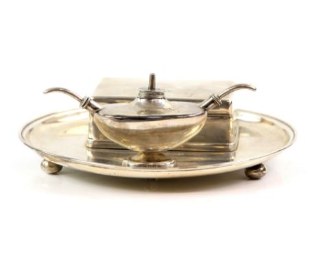 Edward VII silver smoker's stand with integral cigarette box and lighter, on circular tray and three bun feet, by Wright &amp