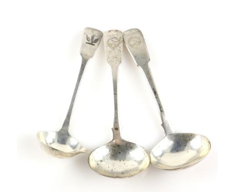 Pair of George III silver fiddle pattern sauce ladles, by Robert Rutland, London, 1809, and another ladle, 4oz, 124g,.       