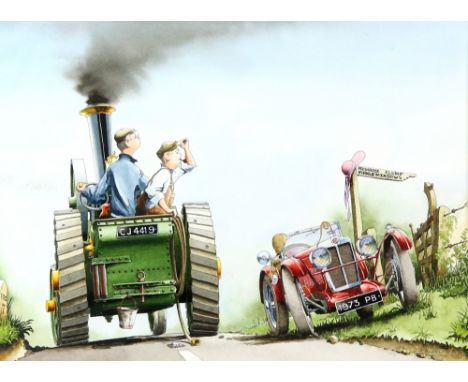 Christopher J Bazeley, cartoon of an a vintage tractor, watercolour and ink, dated 90/2, Richard Hagen Gallery label verso, 3