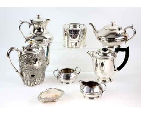 Collection of silver-plated items including a four-piece tea and coffee service, tea caddy, two further coffee-pots, and a wh