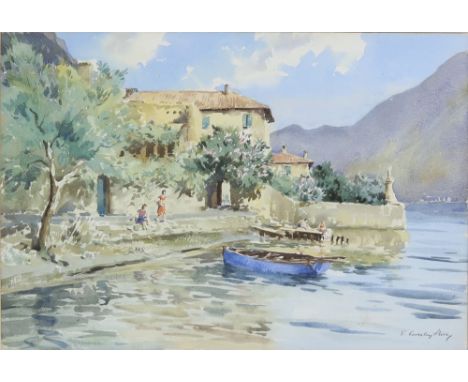 V Coverley Price, continental lake scene with figures on the shore and a boat, watercolour, signed, 34.5cm x 50.5cm.         