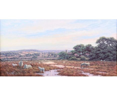 David Morgan (British, b.1964), sheep in landscape with a church ands cottages nearby, oil on canvas, signed lower left, 38cm