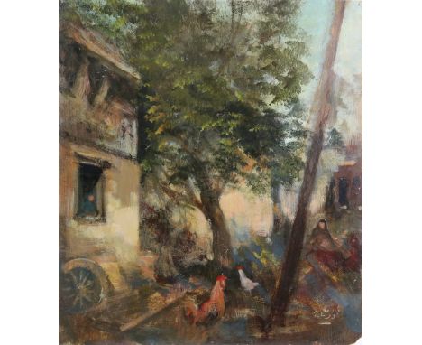 20th century, Persian School, scene with figures in a courtyard with chickens, signed, oil on board, 70cm x 62.5cm,.         