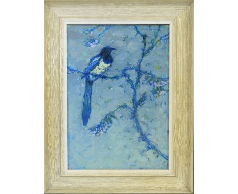 Jean Young (British, 1914-1995), 'Sketch for magpie in a cherry tree', signed, oil on canvas, 34cm x 24cm,.           Please 
