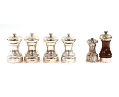 Set of four modern silver salt and pepper grinders, by Carr's of Sheffield, 2006 and later, and two others, .    Set of four: