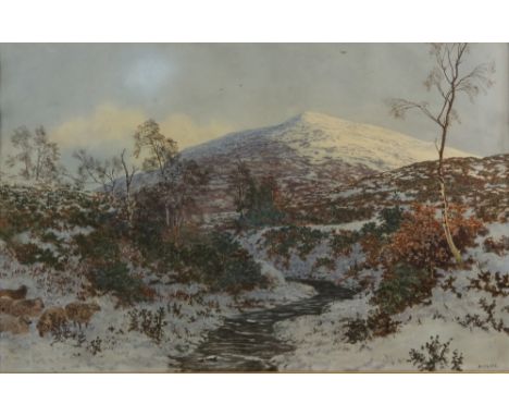 Martin Snape (British, 1852-1930), snow topped mountainous river landscape with sheep grazing, watercolour, signed lower righ