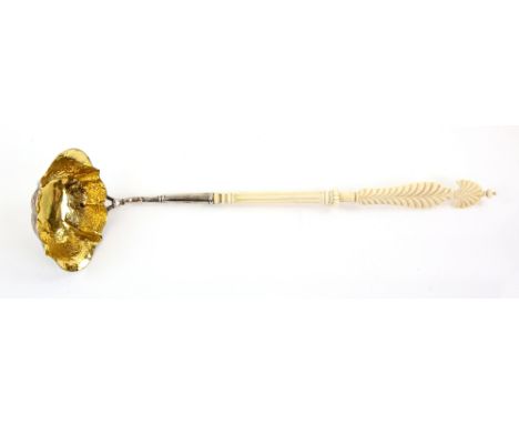 18th century German silver and ivory punch ladle, the scalloped bowl with gilt interior and personal inscription to the under