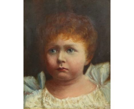 'Ida', late 19th century head and shoulders portrait of a young girl wearing a white frilled dress, oil on canvas laid on boa