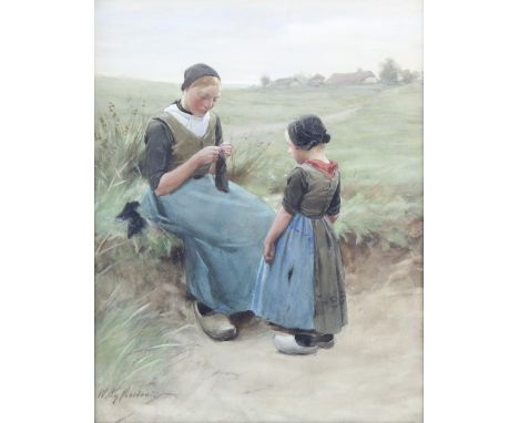 Willem 'Willy' Martens (Dutch, 1856-1927), Dutch lady sewing whilst a child looks on, watercolour, signed lower left, 51cm x 