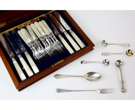 Victorian set of silver and mother-of-pearl tea knives and forks, in fitted case, comprising six knives and eleven forks, by 