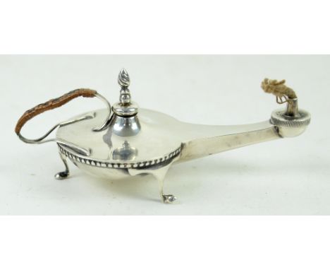 George V silver table lighter in the form of an Aladdin's lamp, Birmingham 1911, maker's mark rubbed, 14 cm long.           P