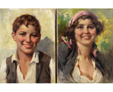 Enrico Frattini (Italian, 1890-1968), portrait of a young girl and portrait of a young boy, oils on canvas laid on board, bot