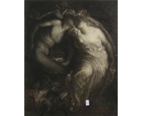 19th century print, mythical scene with two figures embracing, indistinctly signed in pencil, 48cm x 46cm..    some creasing 