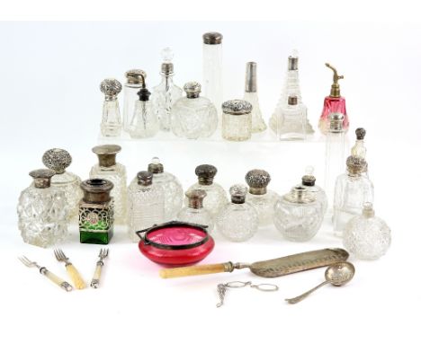 Large group of silver-mounted scent bottles, various dates and makers, together with a small group of other items including c