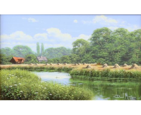 David Morgan (British, b.1964), harvest river meadow, oil on canvas, signed, 24cm x 39cm..    No damage found.       Please s