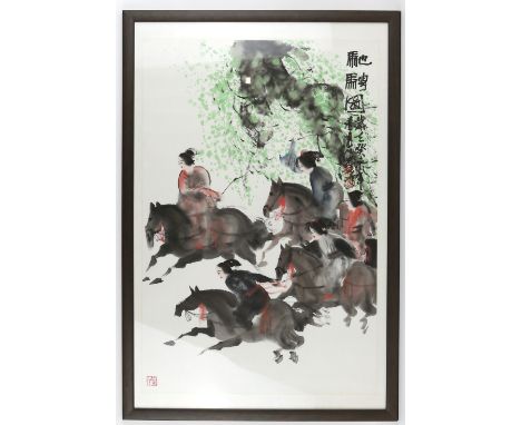 A Chinese Equestrian picture of five galloping riders; the right hand with two red seals beside an inscription; framed and gl