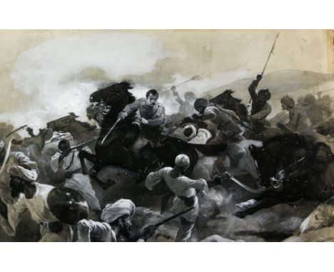 George Soper (British, 1870-1942), Arabian battle scene with cavalry, signed and dated '90, en grisaille, 35cm x 51cm.    Det