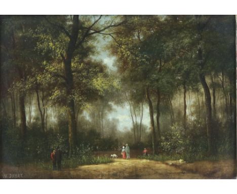 M. Donat (French, 19th century), wooded landscape with figures, oil on panel, signed, 16.5cm x 23cm..           Please see ew