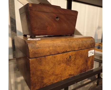 Walnut sewing box and a mahogany tea caddy
