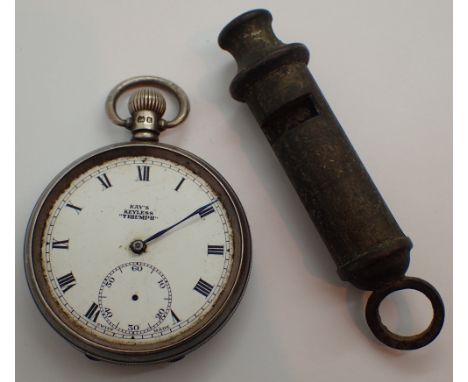 Hallmarked silver crown wind pocket watch and a vintage ARP whistle 