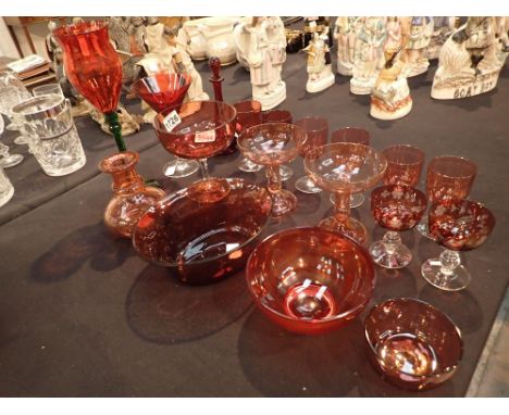 Quantity of cranberry and ruby glass to include a ruby decanter cranberry bowl jugs and glasses hollow stemmed cranberry cham