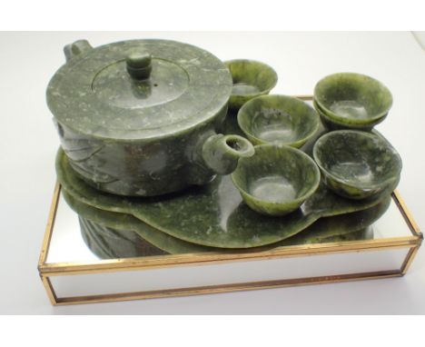 Natural green jade Chinese bamboo tea set cups and tray 