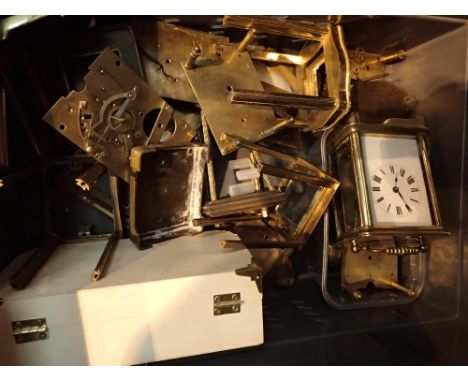 Box of mixed clock parts and a carriage clock lacking door 