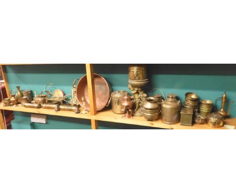 A lot comprising a shelf of assorted brass and copper metal wares Condition Report:Available upon request